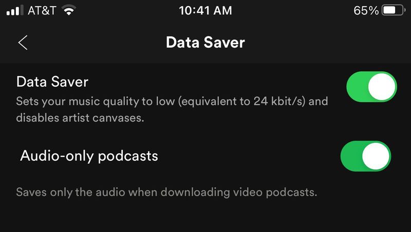 Spotify Data Saver-Optionen eingeschaltet