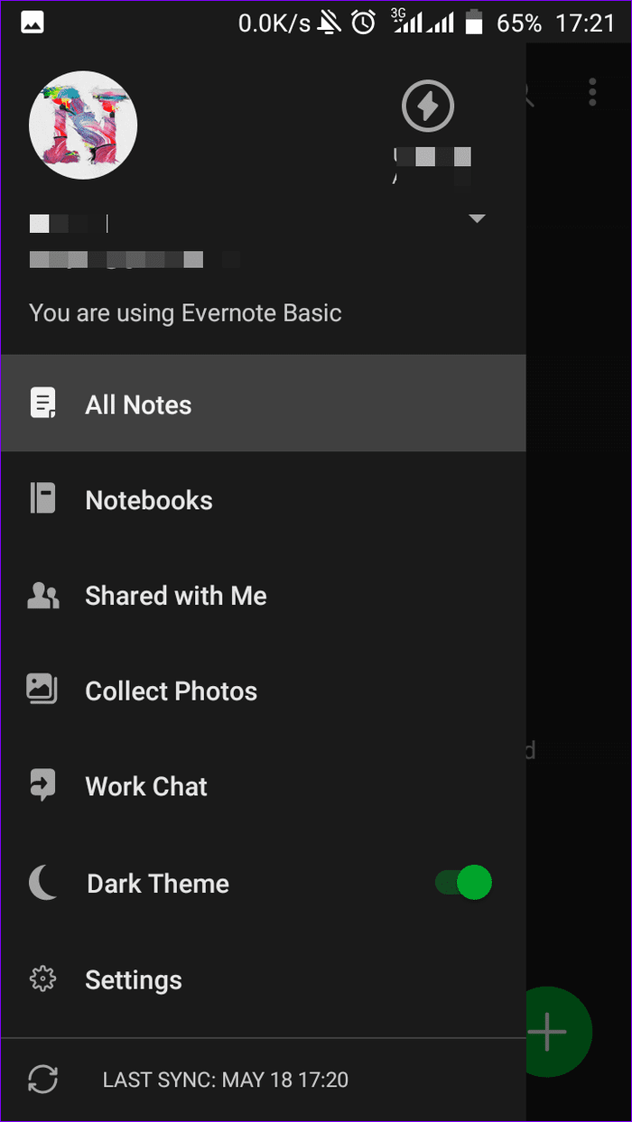 Menü der Evernote-Note-Taking-App