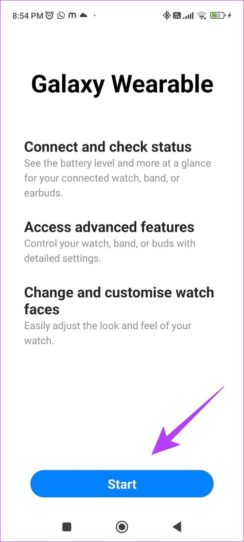 Tippen Sie in der Galaxy Wearable App auf Start