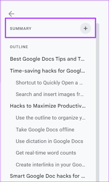 Klicken Sie auf +, um automatisch eine Google Docs-Zusammenfassung zu erstellen