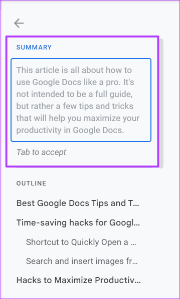 Tab, um die automatisch generierte Zusammenfassung in Google Docs zu akzeptieren