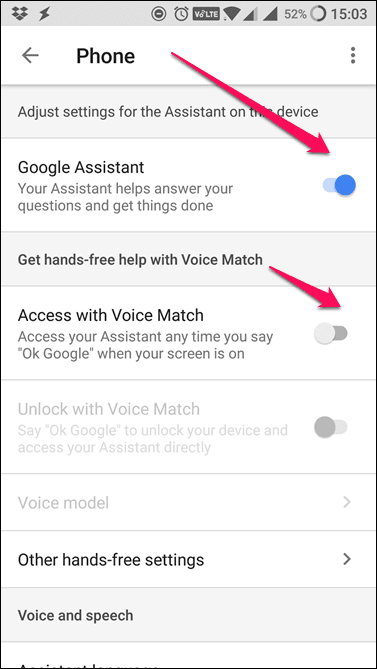 Google Assistant Voice Match-Einstellungen