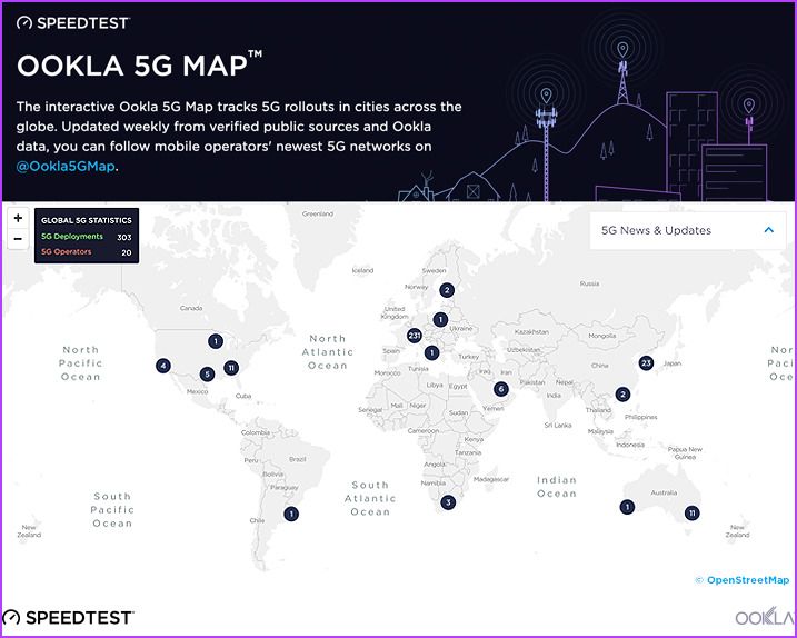 Ookla-Karte zur Überprüfung der weltweiten 5G-Verfügbarkeit