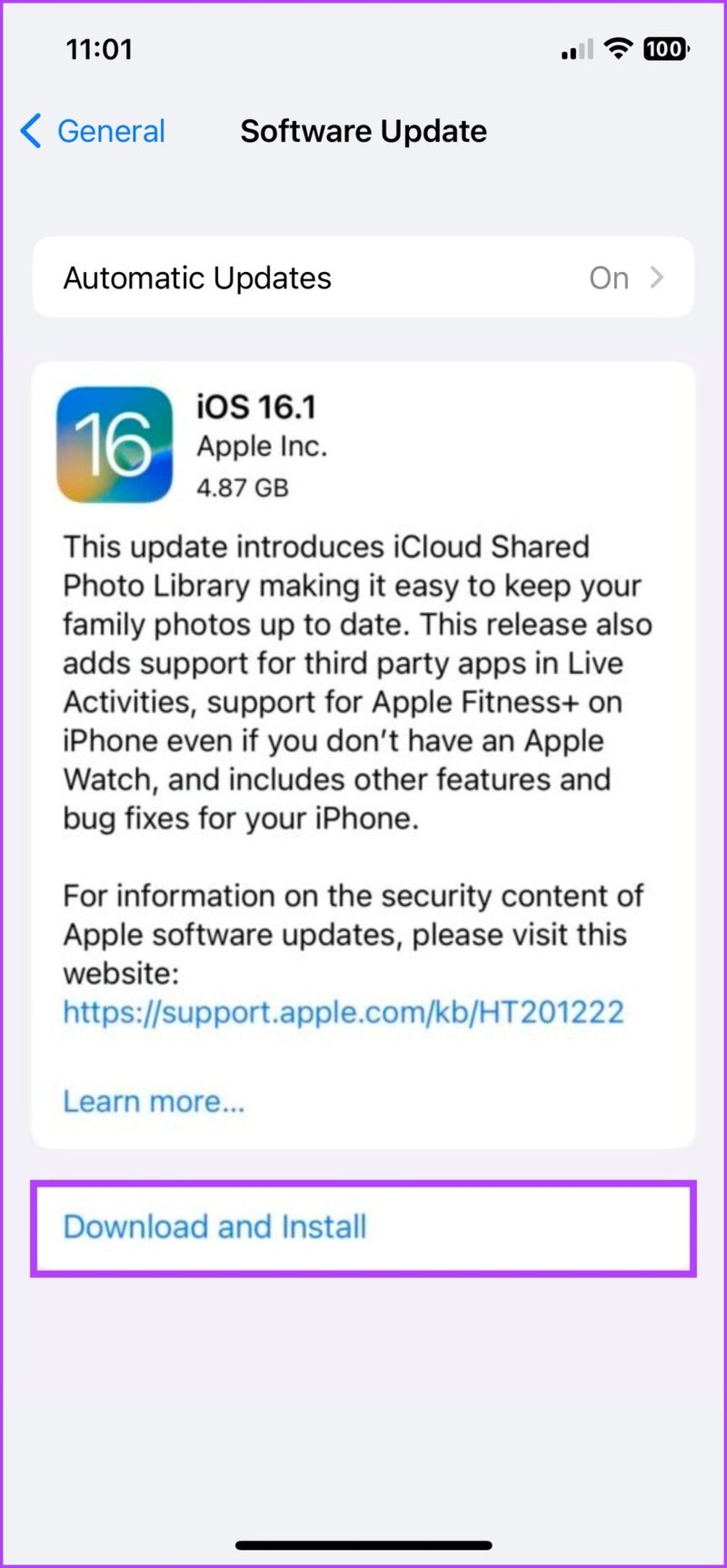 Tippen Sie auf Herunterladen und installieren, um das neueste iOS-Update zu erhalten