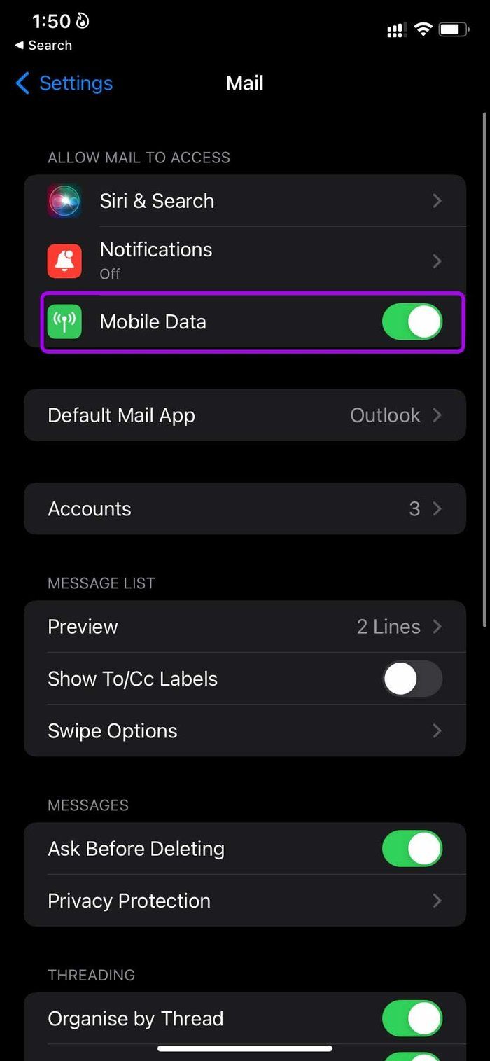 Aktivieren Sie Mobile Data Fix Mail, das keine E-Mails auf dem iPhone sendet