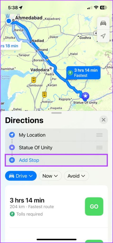 Tippe auf „Stopps hinzufügen“, um eine Route mit mehreren Stopps in Apple Maps zu erstellen