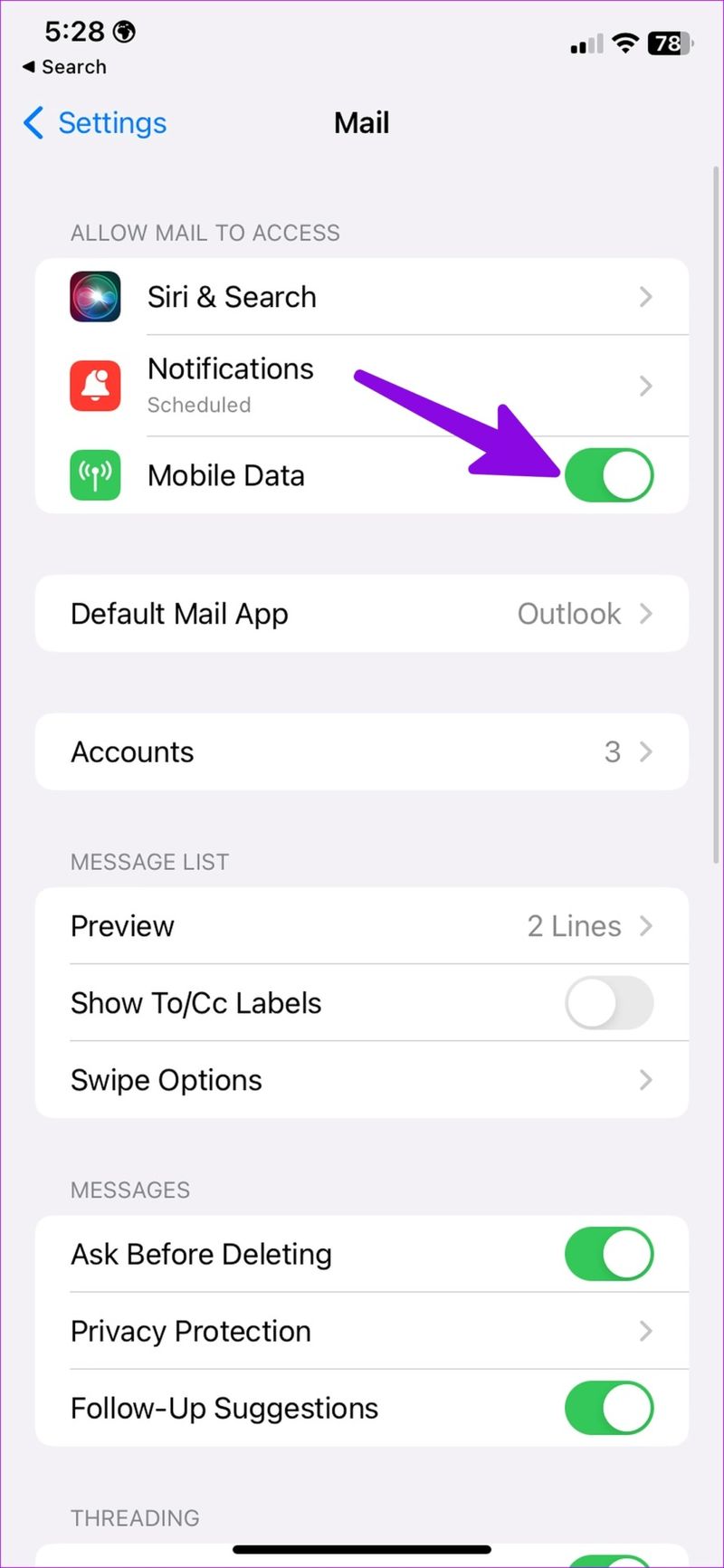 Mobile Daten für E-Mail aktivieren