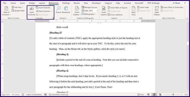So erstellen und fügen Sie Fußnoten und Endnoten in Microsoft Word ein Schritt 4