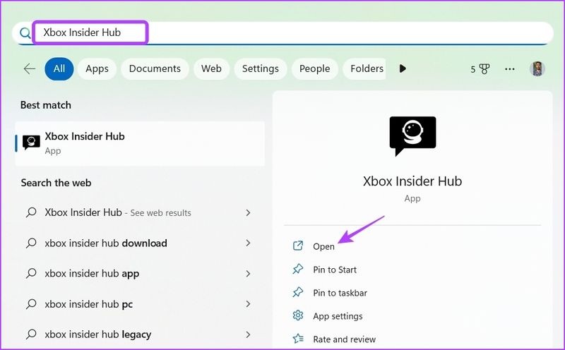 Geben Sie Xbox Insider Hub in die Windows-Suche ein